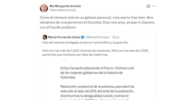 Giraldo citó el comentario de Cabal y lanzó su propio mensaje, donde puso en duda la percepción de éxito de Petro y celebró el cambio de administración - crédito @MariaMarGiraldo/ X