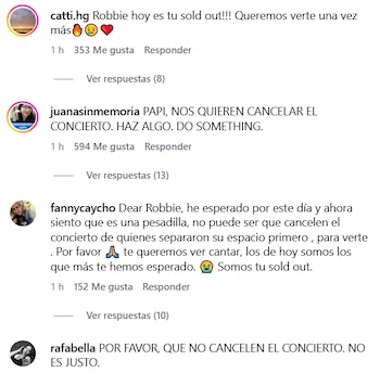 Captura de pantalla de cuatro comentarios de usuarios en Instagram que solicitan evitar la cancelación de un concierto
