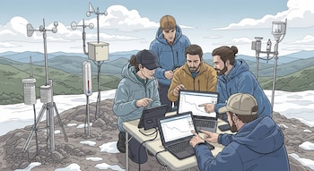 Ilustración de cinco científicos en una cima montañosa rocosa y nevada, observando gráficos de datos en laptops y una tableta, con instrumentos meteorológicos.
