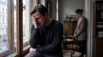 Hombre sentado junto a una ventana con la mano en la cara y lágrimas en los ojos; mujer de pie en el fondo con la cabeza agachada; interior de una habitación