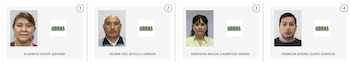 Cuatro retratos de candidatos peruanos a la Cámara de Diputados: dos mujeres y dos hombres. Cada foto incluye sus nombres y un logo de "OBRAS"