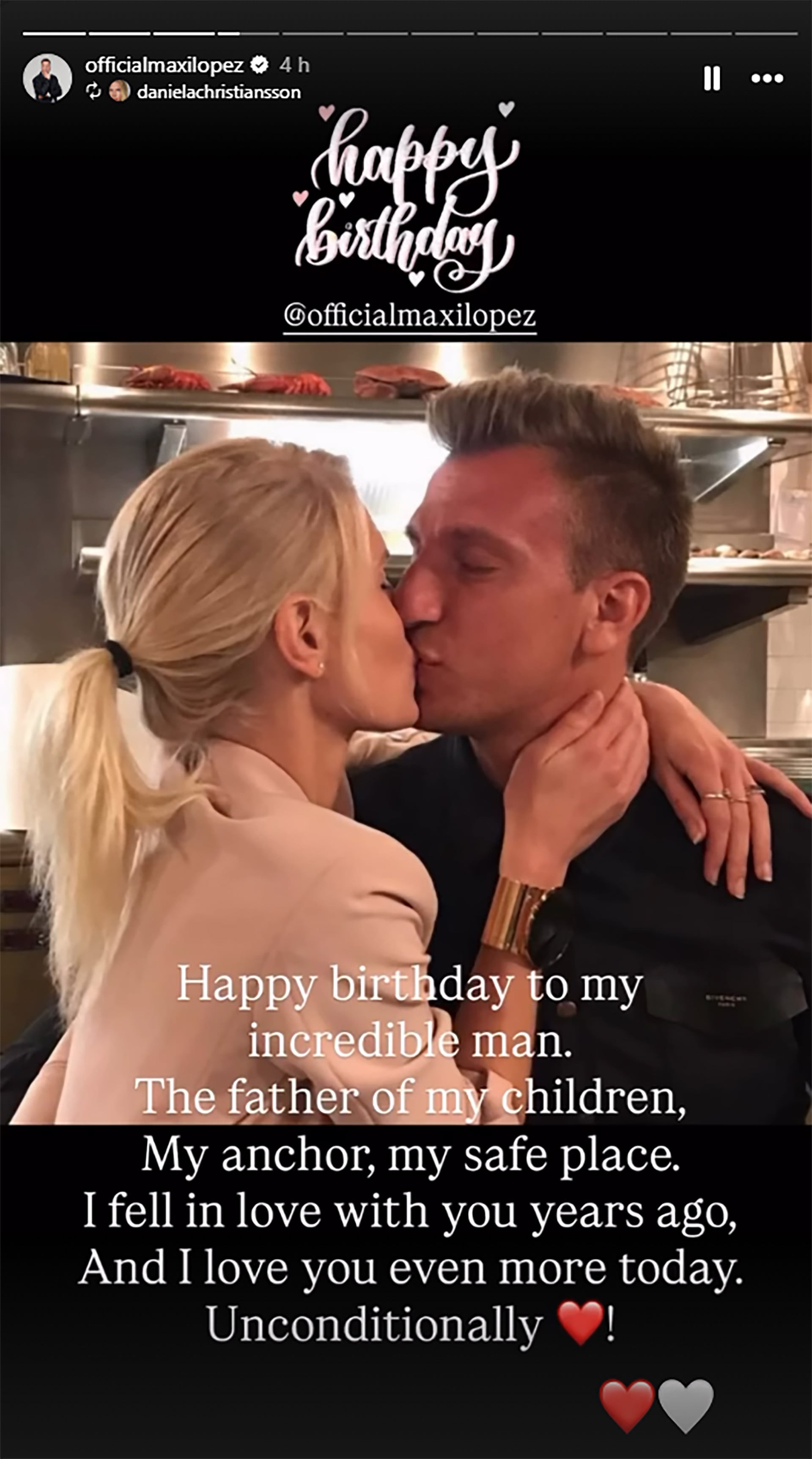 Daniela Christiansson celebra el cumpleaños de Maxi López con un romántico beso, expresando su amor incondicional en una publicación especial.