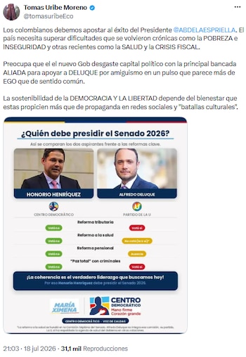 Tomás Uribe Moreno instó a respaldar la gestión de Abelardo de la Espriella y advirtió sobre retos estructurales - crédito @tomasuribeEco/X