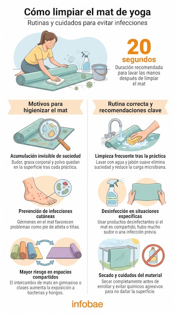 Infografía sobre cómo limpiar un mat de yoga con ilustraciones de una mujer limpiando, un pie con erupciones, mats compartidos y secado al aire.