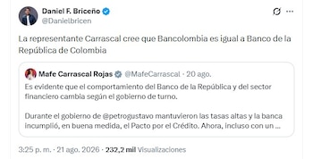 Daniel Briceño cuestionó públicamente el mensaje y afirmó que Carrascal había tratado a Bancolombia y al Banco de la República como si fueran la misma institución - crédito @Danielbricen/X