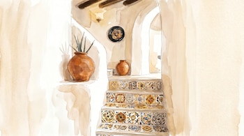 Ilustración de acuarela de una escalera interior con escalones cubiertos de azulejos coloridos, macetas de terracota, arcos y vigas de madera en el techo.