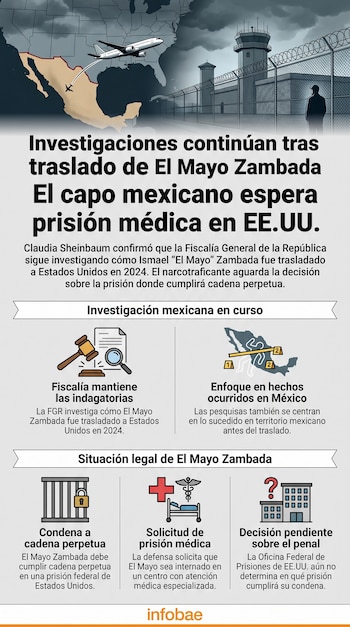 Infografía con mapa de México y Estados Unidos, un avión, una prisión, un hombre de espalda, y textos e iconos sobre un caso judicial.