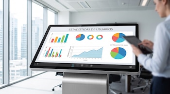 Una pantalla digital táctil muestra gráficos de barras y sectores con el título estadísticas de usuarios mientras una persona sostiene una tableta.