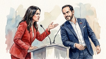 Ilustración acuarela de Sobrad Macollins en traje rojo gesticulando enojada hacia Abelardo de la Espriella en traje azul, quien sonríe levemente.