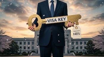 Un hombre con traje sujeta una llave dorada grande con la inscripción "Visa Key" y una etiqueta con "↑48%". Edificio y cerezos al fondo.