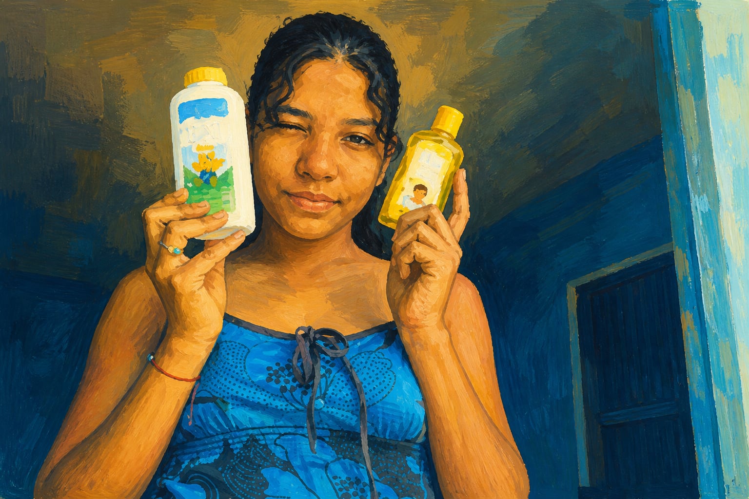 Una mujer sostiene un envase de talco y un frasco de aceite infantil en una obra artística elaborada con trazos de témpera. (Imagen Ilustrativa Infobae)