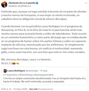 Abelardo de la Espriella se disculpó públicamente con la periodista Laura Rodríguez tras incidente el Piso 8 - crédito @ABDELAESPRIELLA/X