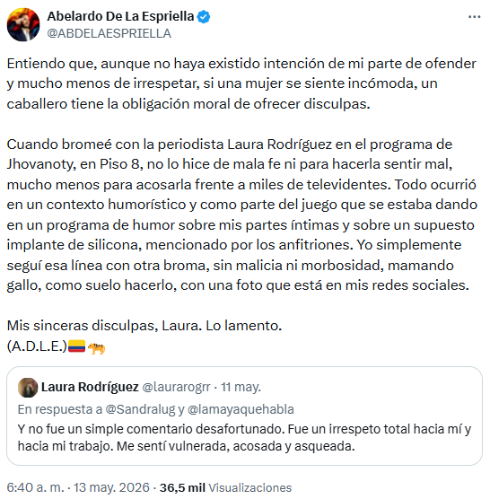Abelardo de la Espriella se disculpa públicamente con la periodista Laura Rodríguez tras incidente en Piso 8 - crédito @ABDELAESPRIELLA/X