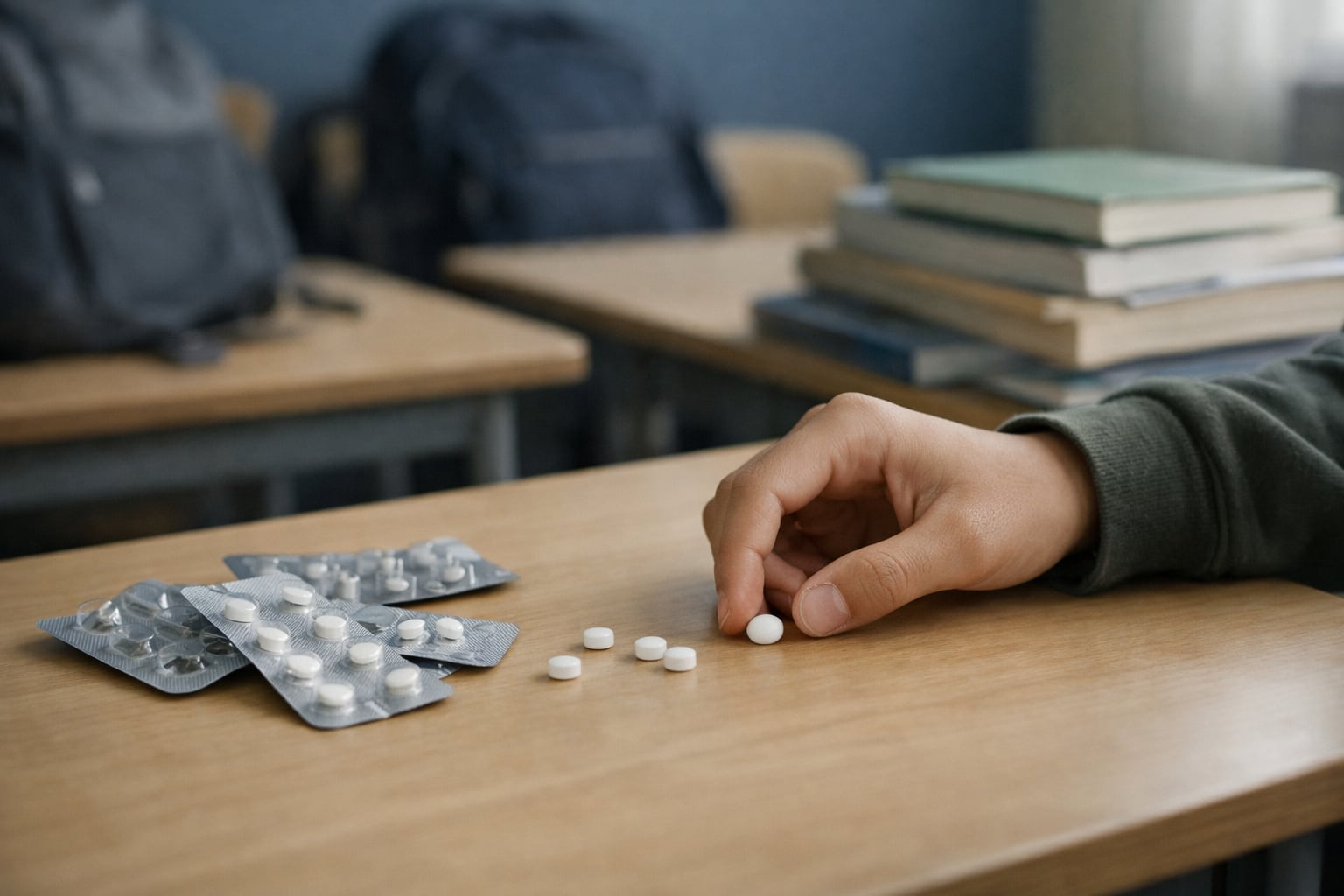 Una mano adolescente se acerca a tomar una pastilla de clonazepam sobre un pupitre escolar, con blísters y otros medicamentos dispersos, y mochilas y libros desenfocados al fondo, ilustrando el preocupante consumo juvenil. (Imagen Ilustrativa Infobae)