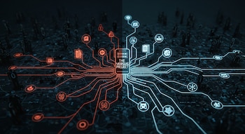 Diagrama digital que muestra "THE VERSUS PROJECT" como un centro con líneas de conexión en naranja y azul hacia iconos variados y figuras humanas difusas en el fondo.
