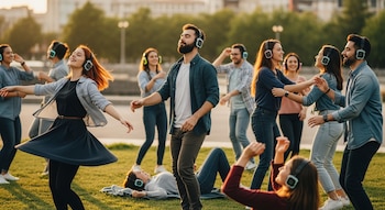 Un grupo de personas al aire libre con auriculares. Bailan en un parque con césped, algunos sonríen, uno está recostado en el pasto.