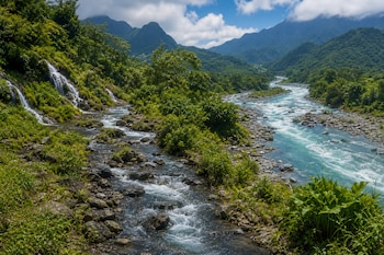 Un río de corriente turquesa y afluentes rocosos fluyen rodeados de vegetación densa y montañas bajo un cielo azul con nubes.