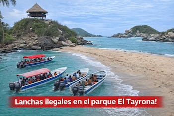 Cinco lanchas con pasajeros navegan cerca de una playa de arena clara, junto a una colina con vegetación y una cabaña.