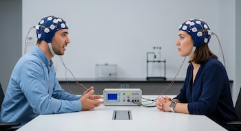 Un hombre y una mujer con gorras de medición cerebral están sentados frente a frente en una mesa blanca con un equipo electrónico central.