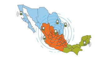 Mapa estilizado de México con estados en naranja y azul claro. Ondas concéntricas naranja y azul y celulares con ondas ilustran la propagación de una alerta sísmica.