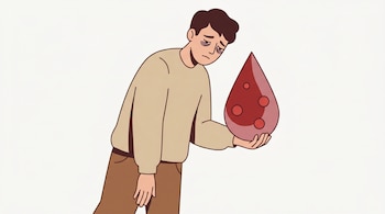 Ilustración: persona joven o adulta de pie, con ojeras y postura encorvada. Sostiene una gran gota de sangre con pocos glóbulos rojos visibles.