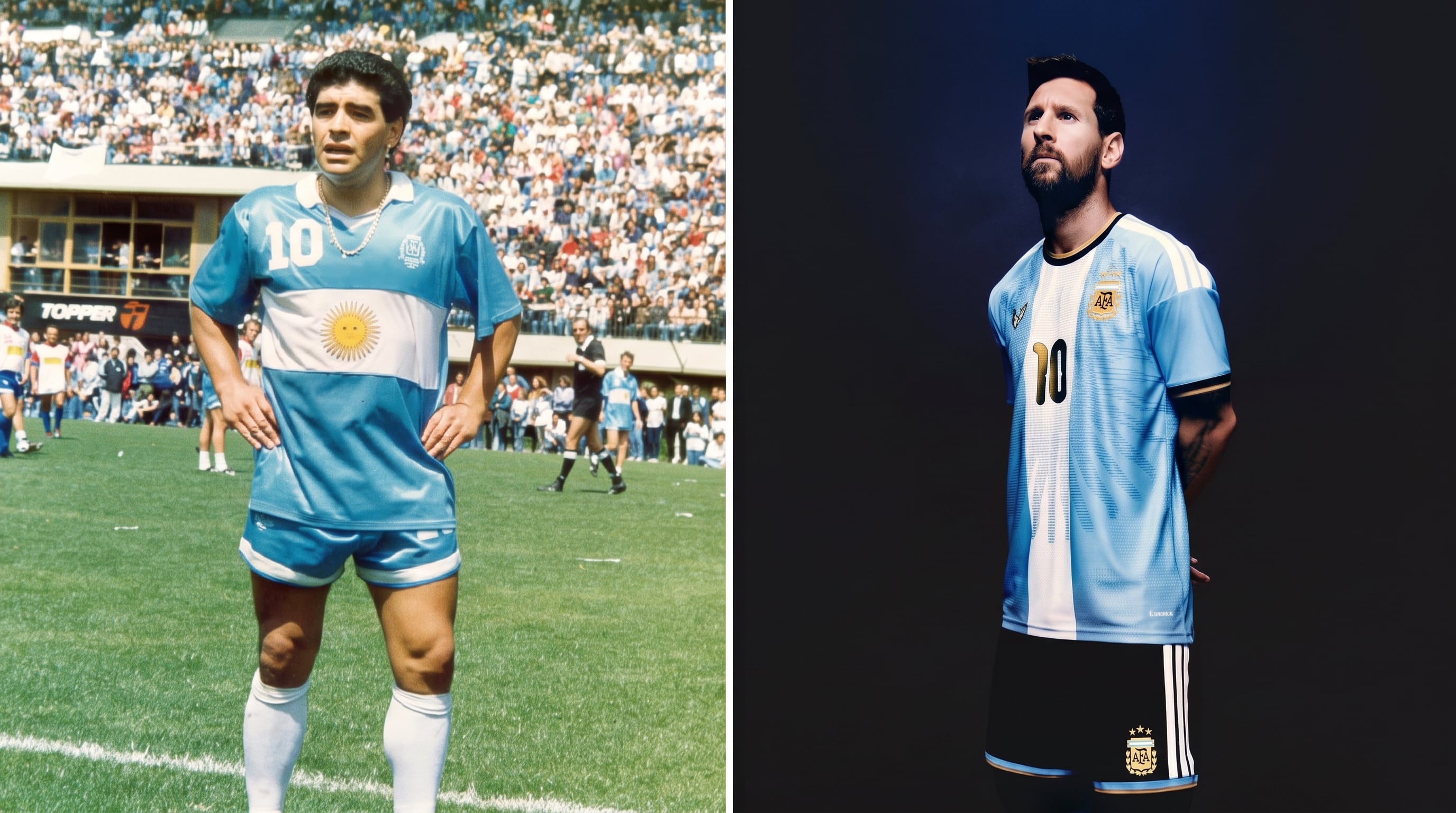 Diego Maradona con la camiseta argentina que pudo usarse en Italia 90 y Lionel Messi con la casaca de su despedida (Imagen Ilustrativa Infobae)