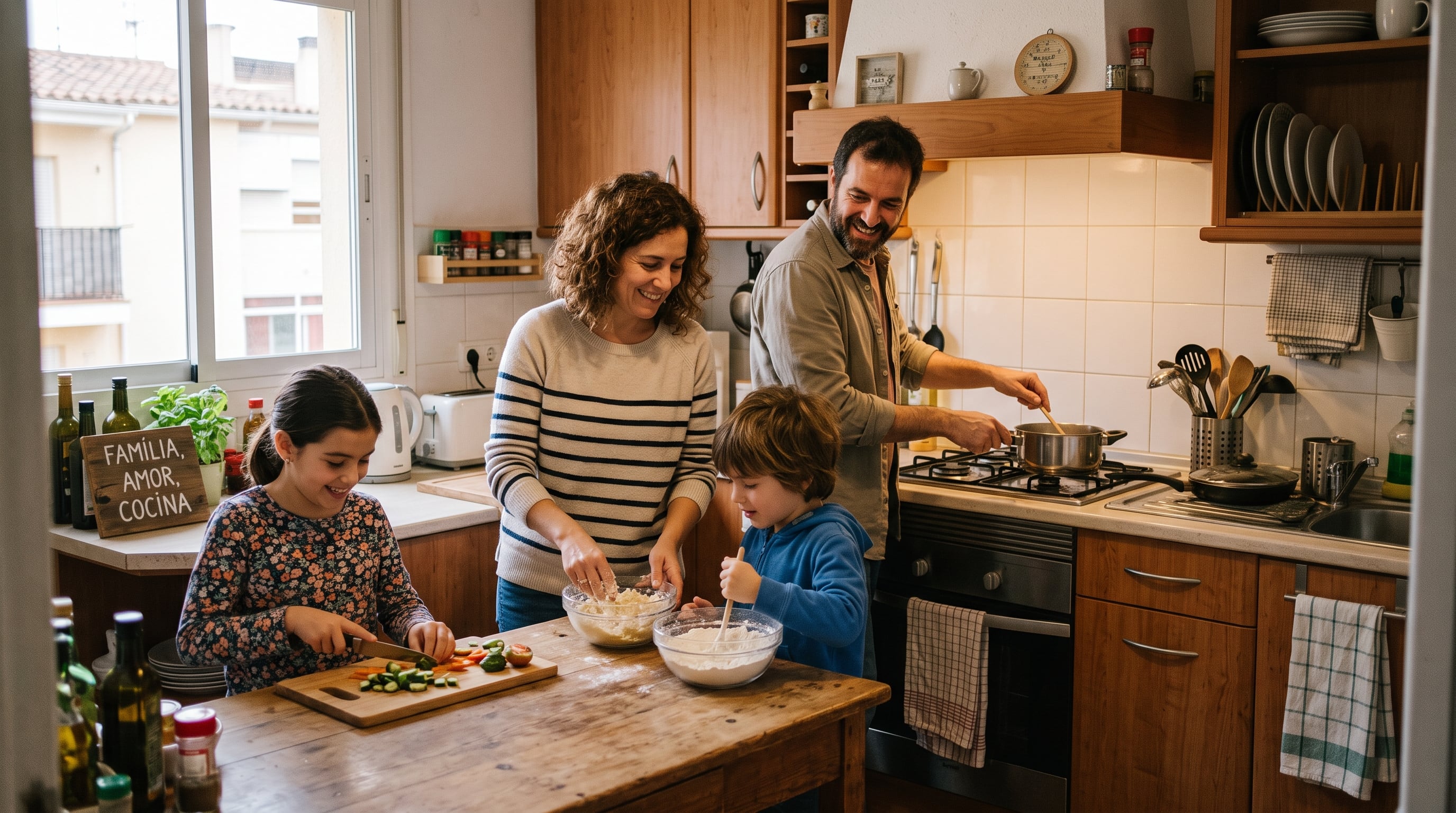 Una familia compuesta por un padre, una madre y dos hijos elabora diferentes alimentos en la cocina de su vivienda. (Imagen Ilustrativa Infobae/IA)