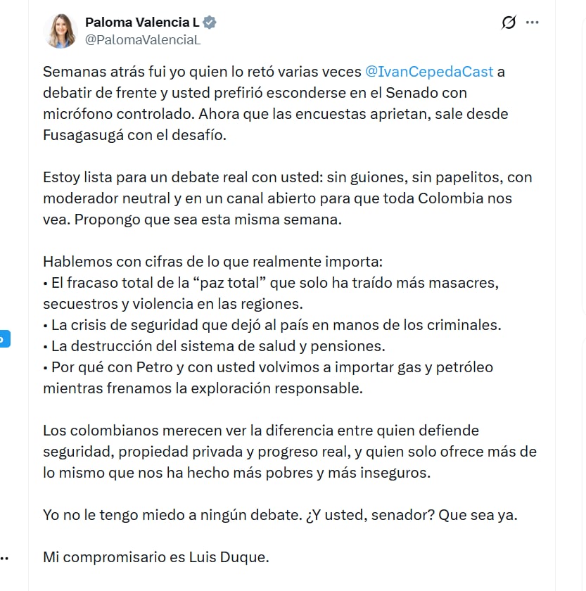 La candidata del Centro Democrático indicó que espera que el debate sea lo más rápido posible - crédito @PalomaValenciaL