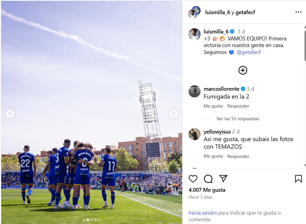 La publicación en Luis Milla en Instagram que ha comentado Marcos Llorente