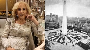 En la izquierda, Mirtha Legrand sonríe, vestida de gala, en un interior; a la derecha, el Obelisco porteño en una foto antigua con gente alrededor.