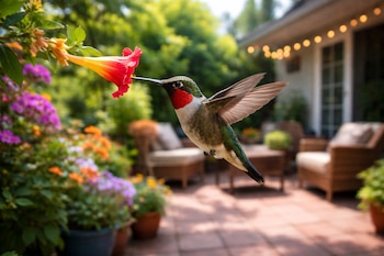 Un colibrí de garganta rubí con pecho rojo y plumas verdes revolotea frente a una flor roja y amarilla. El fondo muestra un patio con plantas y una casa