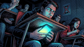 Varios estudiantes sentados en pupitres dentro de un aula oscura mientras uno sostiene un teléfono iluminado debajo de la mesa.