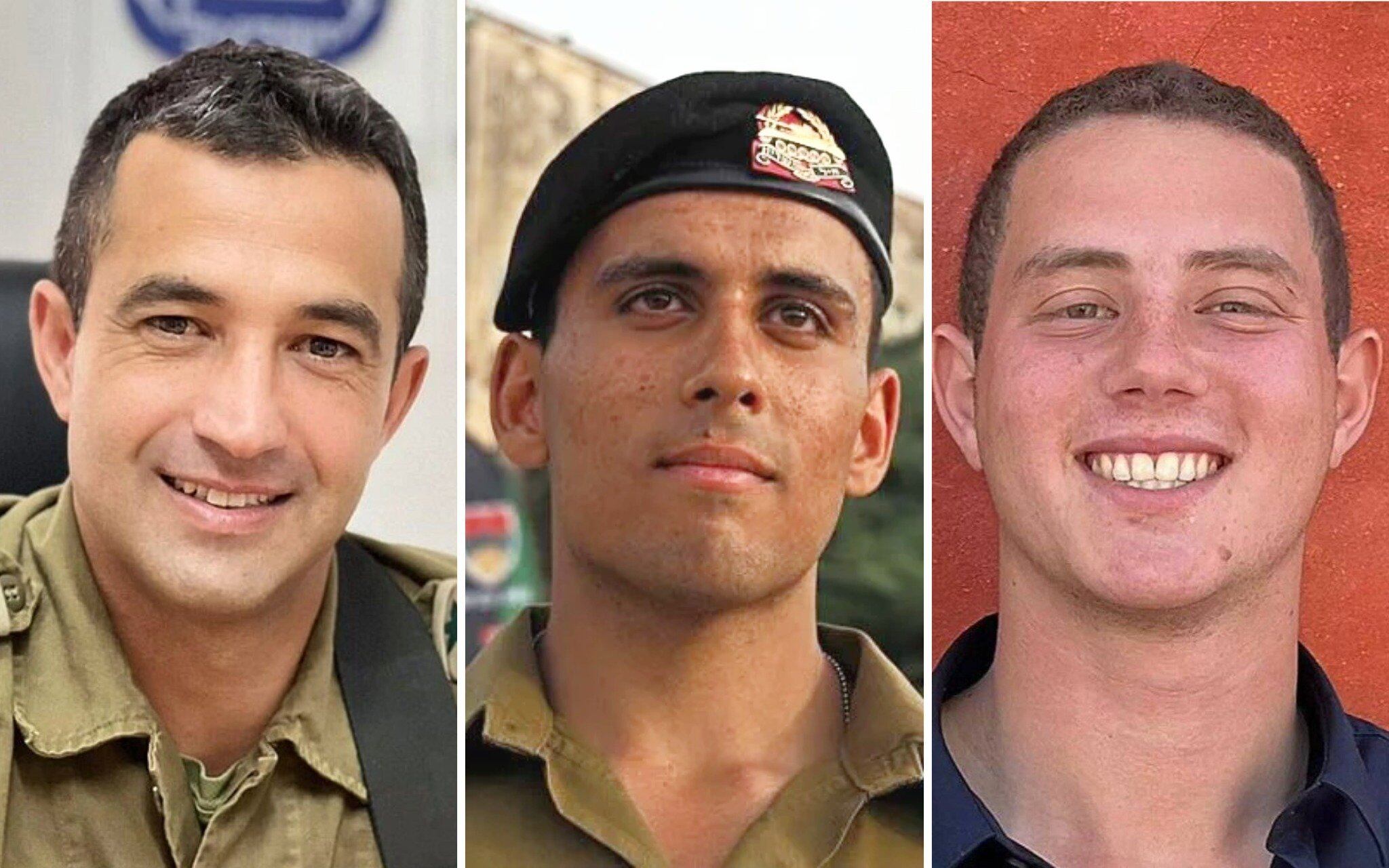 (De izquierda a derecha) El coronel Asaf Hamami, el sargento Oz Daniel y el capitán Omer Neutra, quienes murieron combatiendo a terroristas de Hamas el 7 de octubre de 2023 y cuyos cuerpos fueron repatriados a Israel el 2 de noviembre de 2025 (Cortesía).