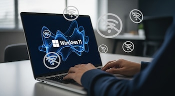 Manos escribiendo en un computador portátil que muestra el logo de Windows 11 en su pantalla, con varios iconos de señal WiFi tachada flotando alrededor.