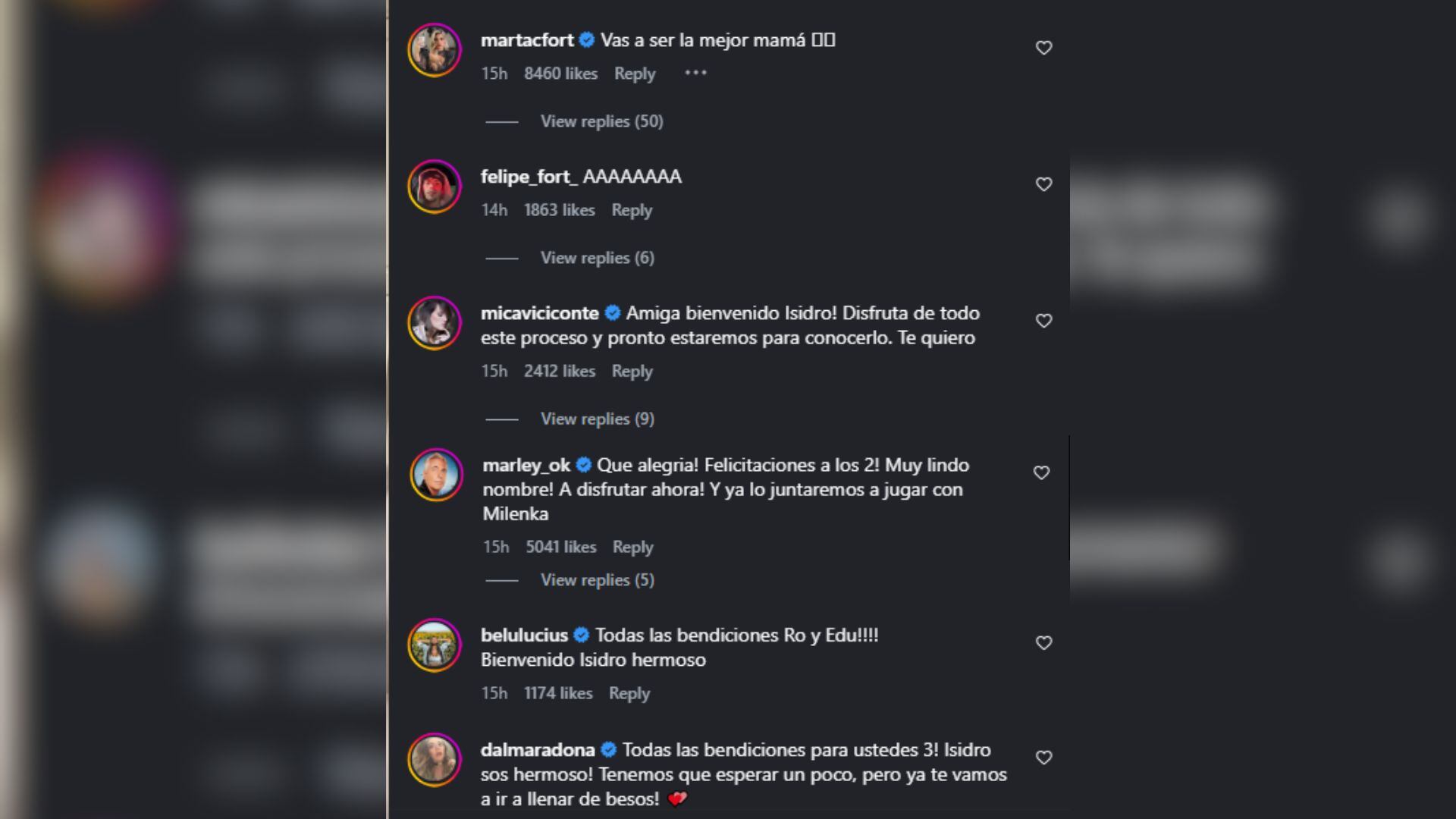 Los comentarios de los famosos ante la llegada de Isidro al mundo, entre los que se destacaron Marta, Felipe y Marley