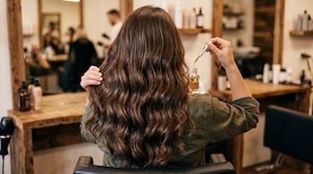 Vista posterior de una mujer de cabello largo ondulado aplicando gotas de un frasco de aceite en un salón de belleza.