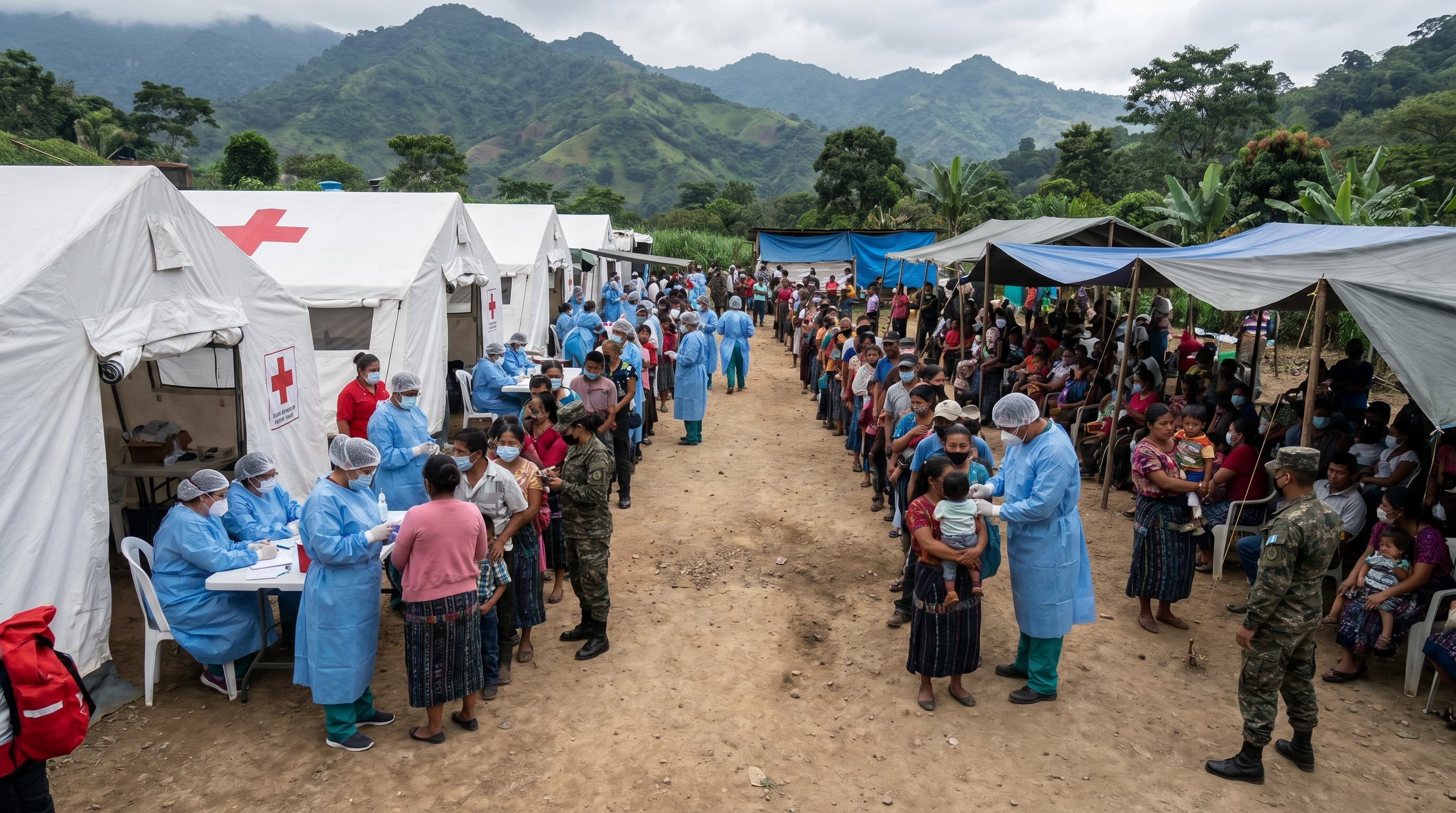 Personal de salud atiende a una larga fila de personas, incluyendo muchas familias indígenas, en una clínica temporal en Guatemala como parte de la respuesta del Ministerio de Salud al brote de sarampión. (Imagen Ilustrativa Infobae)
