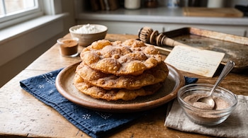 Pila de buñuelos con azúcar y canela en un plato, junto a un recipiente pequeño con una cuchara y una tarjeta de receta en una mesa de madera.
