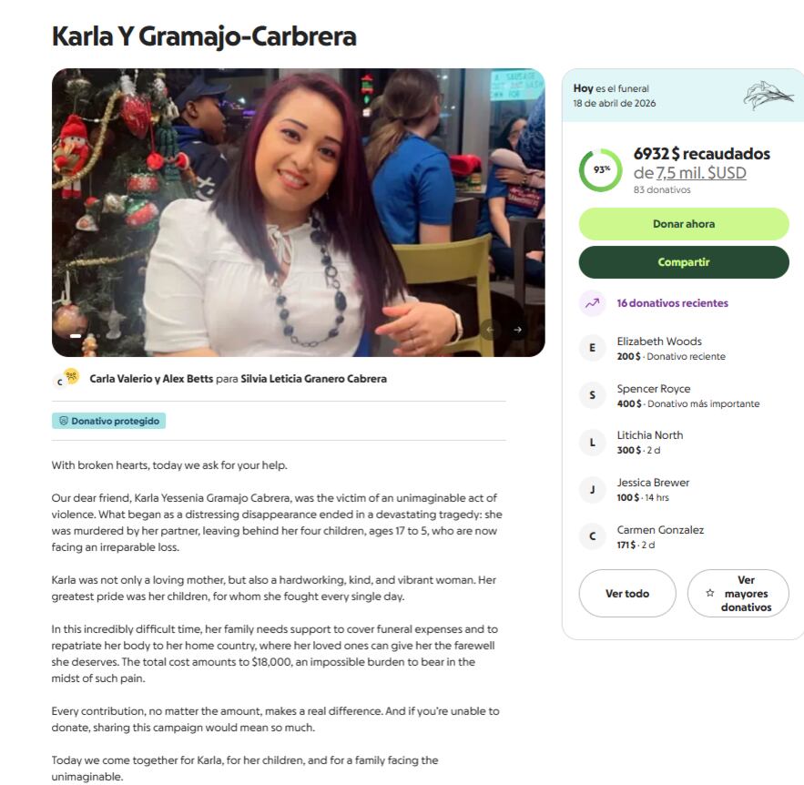 La familia de Karla necesita recaudar 18,000 dólares para cubrir los costos funerarios y la repatriación a Guatemala (https://www.gofundme.com/).