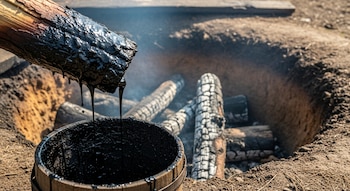 Alquitrán negro y espeso gotea de un tronco de madera hacia un recipiente de madera dentro de una fosa de tierra con troncos carbonizados y humo.