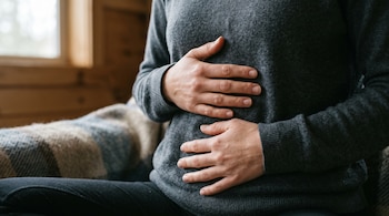 Primer plano del torso de una persona vestida con un suéter gris, que coloca ambas manos sobre su abdomen.