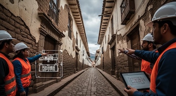 Cuatro ingenieros con cascos y chalecos observan edificios antiguos en una calle empedrada, con planos arquitectónicos superpuestos y en una tableta.