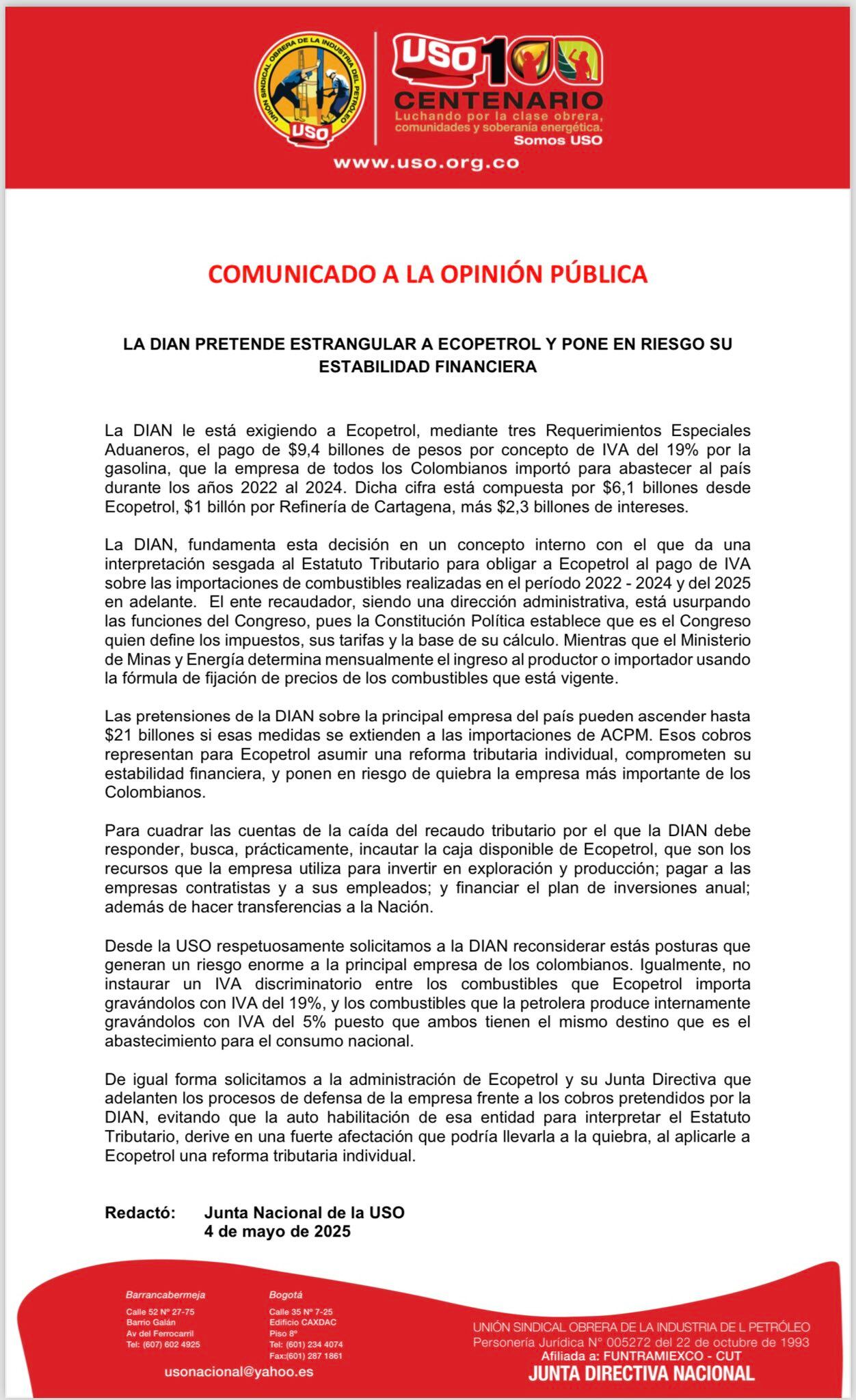 La USO advierte que la Dian quiere estrangular a Ecopetrol - crédito USO