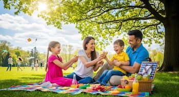 Una familia de cuatro ríe durante un picnic en una manta colorida sobre el césped verde bajo un gran árbol. Cesta con frutas y bebidas a la vista.