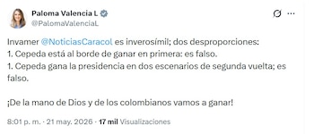 Paloma Valencia cuestiona encuesta de Invamer tras caída en intención de voto presidencial 2026 - crédito @PalomaValenciaL/X