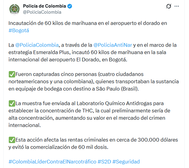 Los 60 kilos de marihuana iban ocultos en el equipaje de cinco personas que pretendían viajar a Sao Paulo (Brasil) - crédito @PoliciaColombia/X