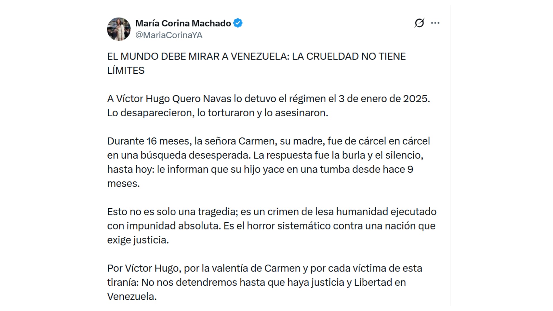 El mensaje de María Corina Machado tras darse a conocer la muerte de la muerte bajo custodia de Víctor Hugo Quero (@MariaCorinaYA)