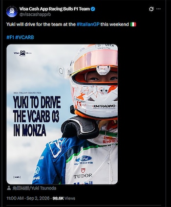 Captura de pantalla de una publicación en redes sociales con la imagen del piloto Yuki Tsunoda usando casco y traje de carreras