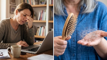 Una mujer sentada ante una computadora portátil y las manos de una persona que sostienen un cepillo y cabellos desprendidos