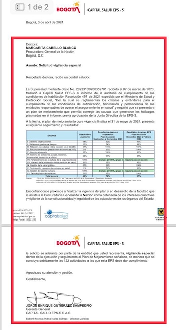 Capital Salud solicitó vigilancia especial a la Procuraduría durante culminación de plan de mejoramiento - crédito @Danielbricen/X